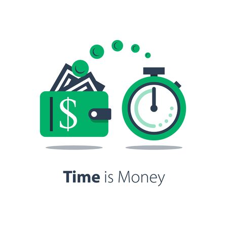 Cash back, wallet with dollar sign and stopwatch, easy loan, instant payment, fast money transfer, financial services, vector flat illustrationのイラスト素材