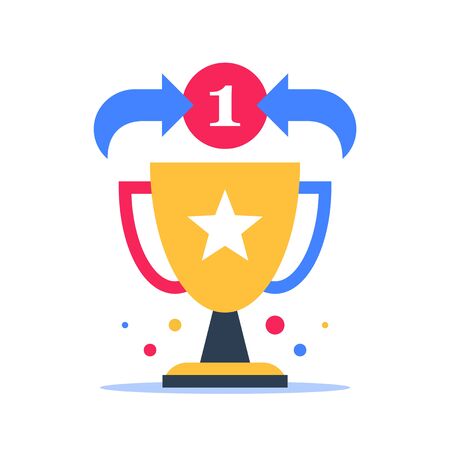 Shiny yellow winner cup, golden goblet, competition award ceremony, top performance, first place trophy, contest best result, leadership training, vector flat design illustrationのイラスト素材