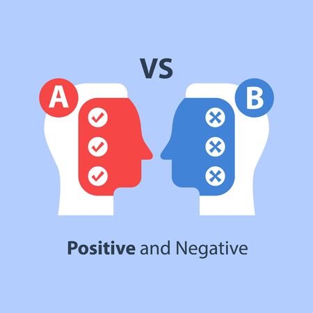 Decision making, pros and cons, for and against, versus concept, opinion poll sociology, bias and mindset, positive or negative reaction, argumentation dialog, two sides, vector flat illustrationのイラスト素材