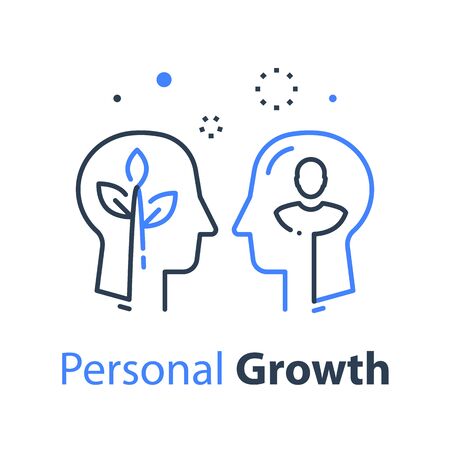 Two human head profiles, self improvement, mentoring concept, pursuit of happiness, self esteem and confidence, psychology professional help, vector linear designのイラスト素材