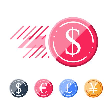 Fast cash loan, take credit, send money, financial services, coin in motion, business and finance. Dollar, euro, pound and yen currency, vector icon setのイラスト素材