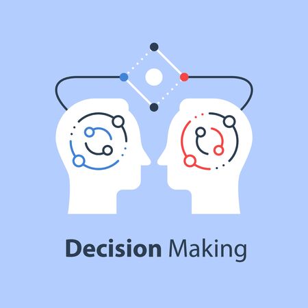 Decision making, negotiation and persuasion, communication skill, human resources, retraining course, teamwork concept, critical thinking, psychology or psychiatry, vector flat illustrationのイラスト素材