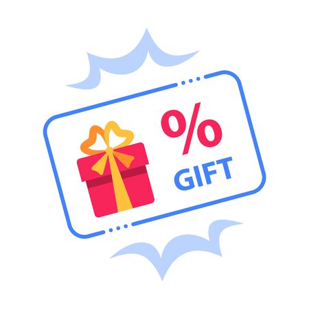 Prize giveaway, loyalty card, present box, percentage sign and gift certificate, incentive or perks, bonus program, discount coupon, vector flat design illustrationのイラスト素材
