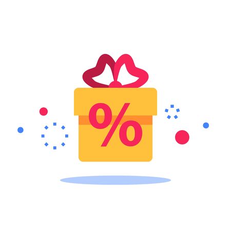 Surprise box, special reward, prize giveaway, loyalty present, percentage sign, incentive or perks, bonus program, creative idea, vector flat design illustrationのイラスト素材