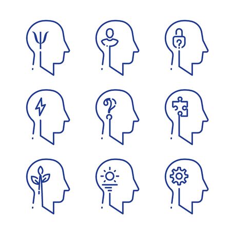 Human head profile line icon set, cognitive psychology or psychiatry. Intellect training, logic and memory improvement, decision making or behavior concept, vector linear designのイラスト素材