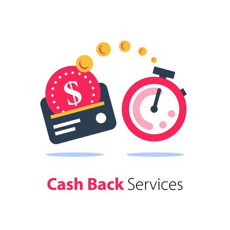 Cash back program, financial services, fast loan, credit card payment, stopwatch flat icon, time is money, vector flat iconのイラスト素材