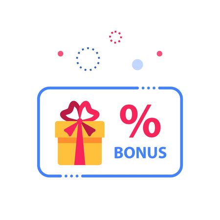 Prize giveaway, loyalty card, present box, percentage sign and gift certificate, incentive or perks, bonus program, discount coupon, vector flat design illustrationのイラスト素材