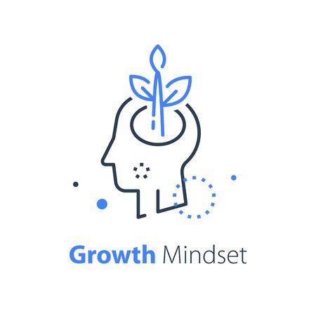 Human head and plant stem, mental health, cognitive psychology or psychotherapy concept, growth mindset, self esteem and confidence, vector line illustrationのイラスト素材