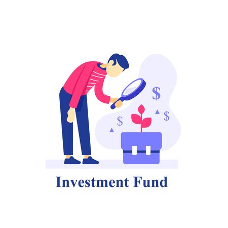 Long term investment portfolio, person with magnifying glass, business research and analytics, financial performance, stock market strategy, vector flat illustrationのイラスト素材