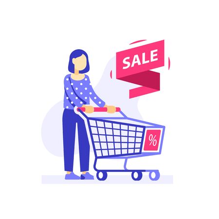 Woman with empty shopping cart, special offer, sale or discount store, consumer person, vector flat illustrationのイラスト素材