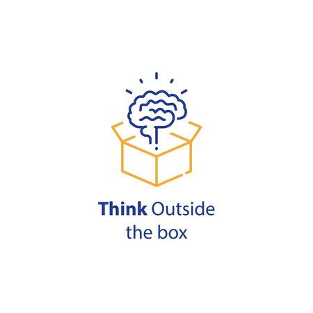 Brain and open box, creativity improvement, think outside the box, cognitive development, vector line iconのイラスト素材