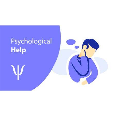 Psychological help, psychotherapy counseling, mental problem, thinking person, neurosis man, cognitive behavior therapy, vector flat illustrationのイラスト素材