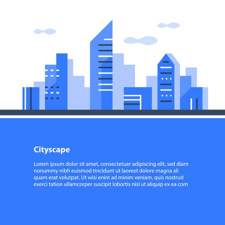 Horizontal cityscape, urban area, downtown panorama, modern style architecture, city growth and development, apartment buildings neighborhood, vector flat design illustrationのイラスト素材