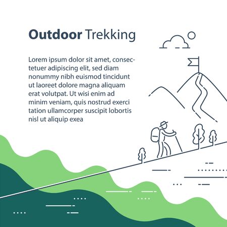 Person uphill trail walking, mountain ascent, summer hiking, outdoor trekking, nature tourism, wild adventure, line drawing, vector linear illustrationのイラスト素材