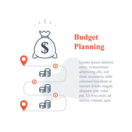 Long term investment strategy, money bag, income increase, business revenue growth, lower cost, financial solution, budget expenses, fundraising concept, vector line iconのイラスト素材