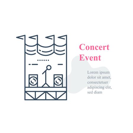 Concert stage, public event organizing, local music festival, public performance, entertainment show, vector line iconのイラスト素材