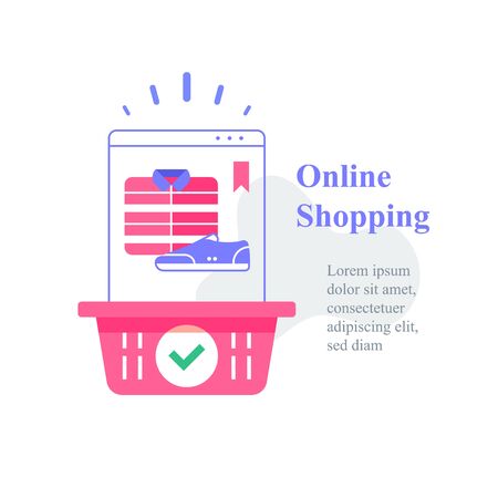 Online shopping concept, basket and clothes, purchase delivery, sale offer, vector illustrationのイラスト素材