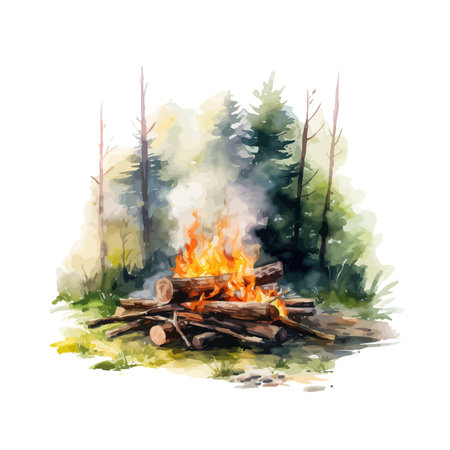 Bonfire in the forest. Watercolor illustration isolated on white background.のイラスト素材