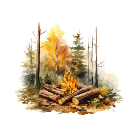 Watercolor forest landscape with a bonfire. Hand drawn illustration isolated on white backgroundのイラスト素材