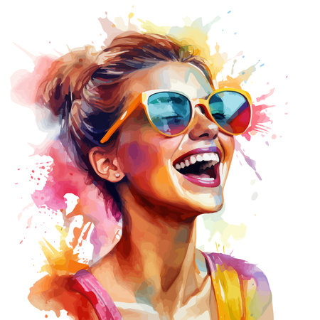 Vector watercolor portrait of a smiling young woman in sunglasses and colorful splashesのイラスト素材