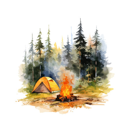 Watercolor illustration of a campfire in the forest. Vector illustrationのイラスト素材