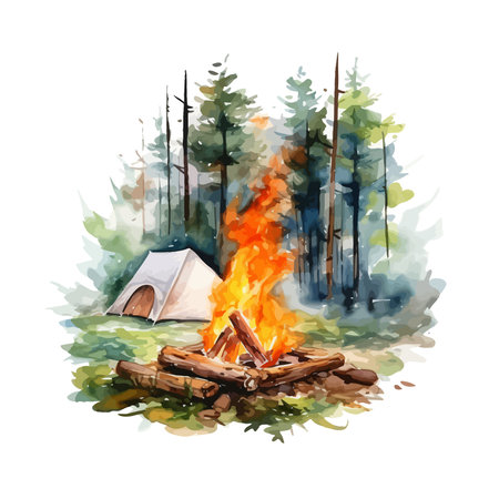 Watercolor illustration of a bonfire in the forest and a tentのイラスト素材