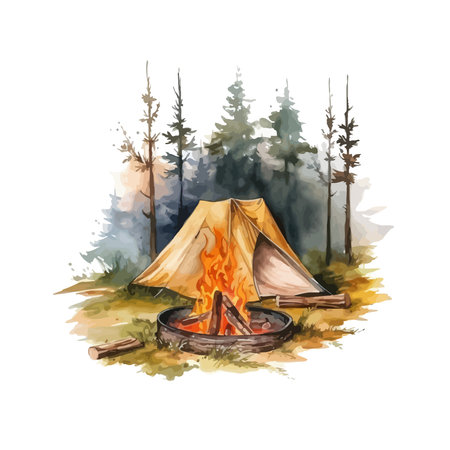 Watercolor illustration of a campfire in the forest. Hand drawn illustrationのイラスト素材