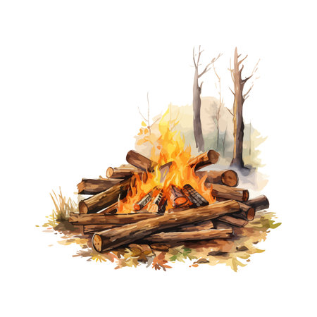 Illustration of a bonfire with firewood on a white backgroundのイラスト素材