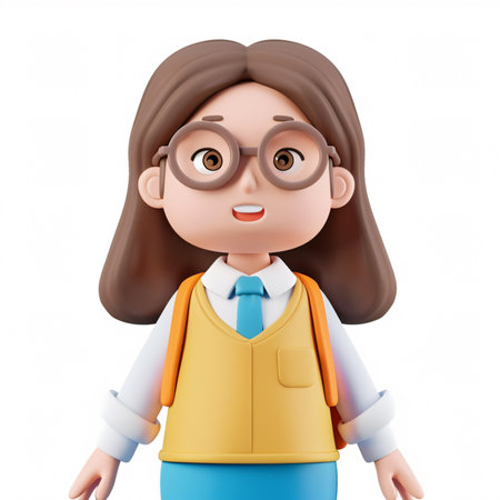 3d illustration of schoolgirl with eyeglasses over white background