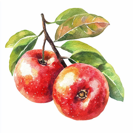 Watercolor illustration of red apples with leaves on a white background.のイラスト素材