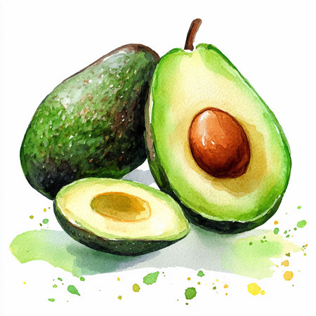 Watercolor avocados on a white background. Vector illustration.のイラスト素材