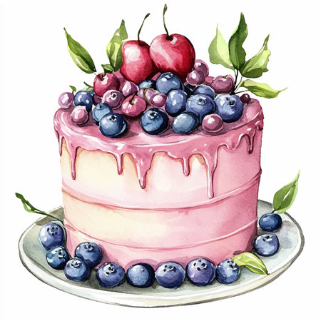 Watercolor illustration of a cake with blueberries and cherries.のイラスト素材