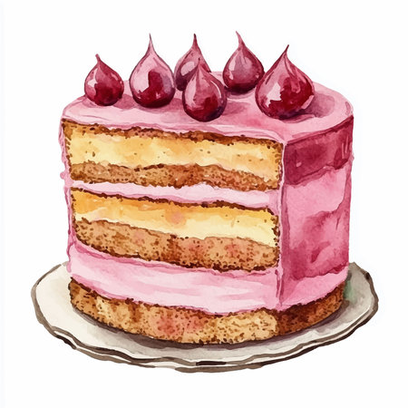 Watercolor illustration of a cake with cherries on a white backgroundのイラスト素材