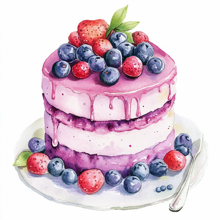 Cake with berries. Watercolor illustration on a white background.のイラスト素材