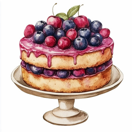 Watercolor illustration of a cake with blueberries and cherries.のイラスト素材