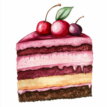 Watercolor illustration of a piece of cake with cherries and creamのイラスト素材