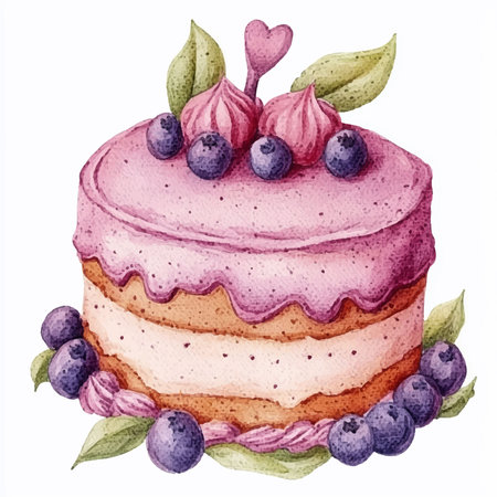 Watercolor illustration of a cake with blueberries on a white backgroundのイラスト素材