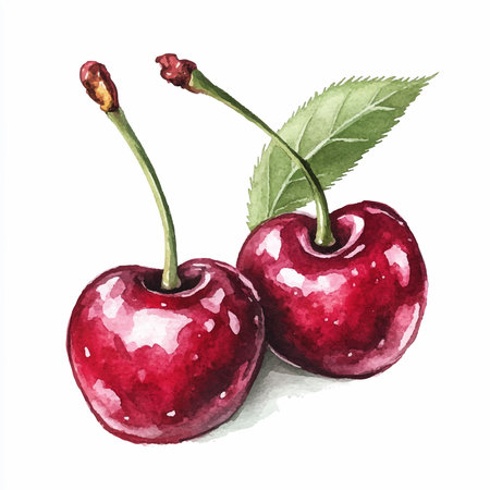Watercolor illustration of two cherries with leaves on white background.のイラスト素材