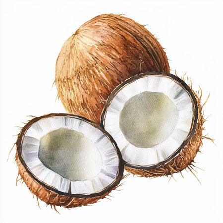 watercolor painting of coconuts on white background, hand drawn illustration