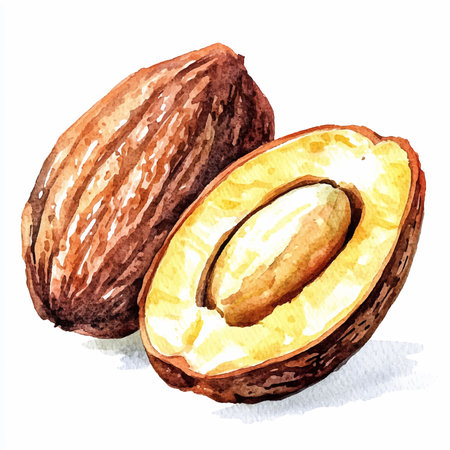 Whole and half almond. Watercolor hand drawn illustration on white backgroundのイラスト素材