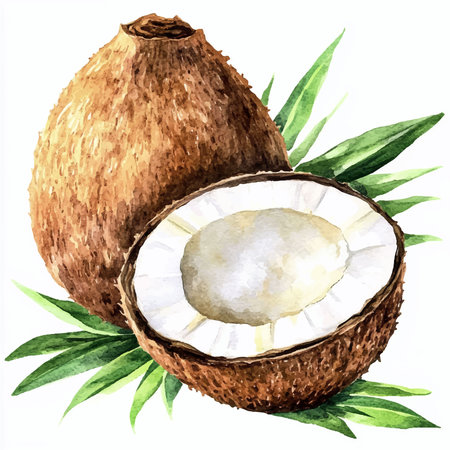 Coconut with leaves isolated on white background. Watercolor hand drawn illustrationのイラスト素材
