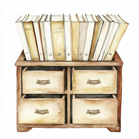 Watercolor illustration of old books on a wooden chest of drawersのイラスト素材