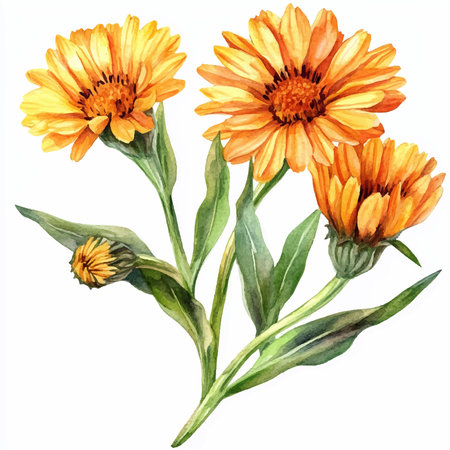Calendula flowers. Hand drawn watercolor illustration isolated on white backgroundのイラスト素材