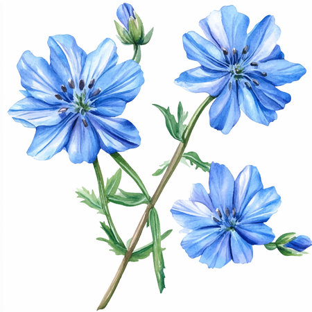 Blue chicory flowers. Watercolor illustration isolated on white background.のイラスト素材