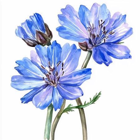 Blue flowers of chicory, watercolor illustration on a white backgroundのイラスト素材
