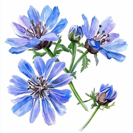 Blue chicory flowers on a white background. Watercolor illustration.のイラスト素材