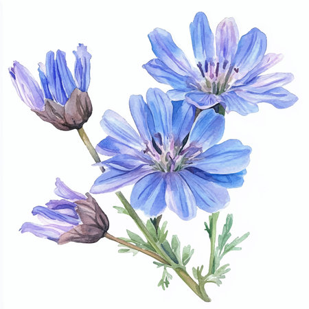 Blue chicory flowers on a white background. Watercolor illustration.のイラスト素材