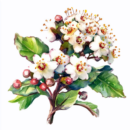 Beautiful vector image with nice watercolor painting of hawthorn flowersのイラスト素材