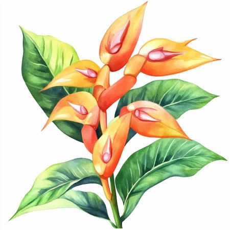 Beautiful watercolor illustration of orange flower with green leaves on white backgroundのイラスト素材