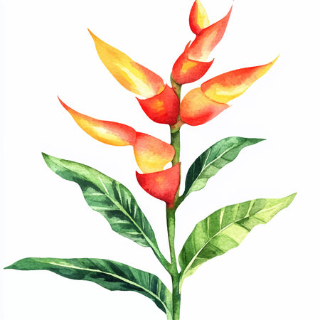 Beautiful vector watercolor illustration of Heliconia flower on white backgroundのイラスト素材